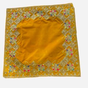 Yellow Velvet Puja Cloth/ Aasan with Floral Embroidery Border ( 39cmX39cm)